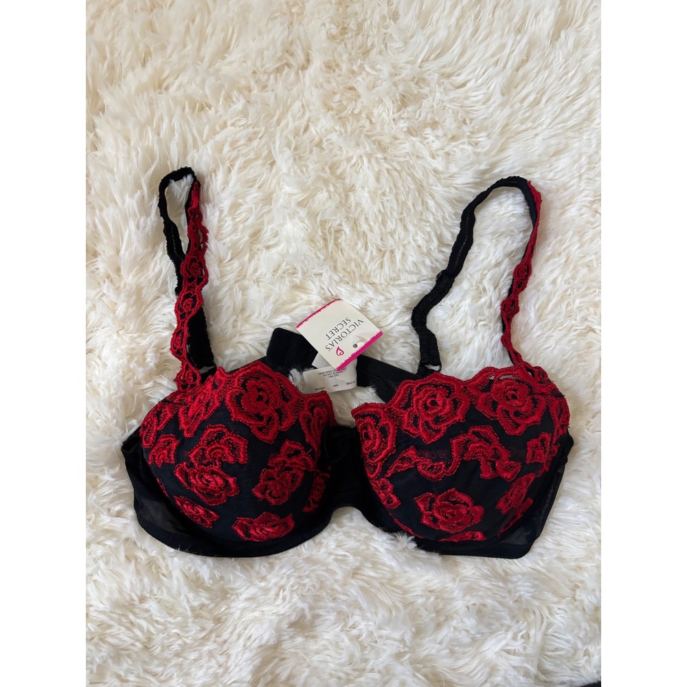 Vintage 1997 Victoria's Secret Red Rose Embroidery Mesh Bra 36B NWT 3771